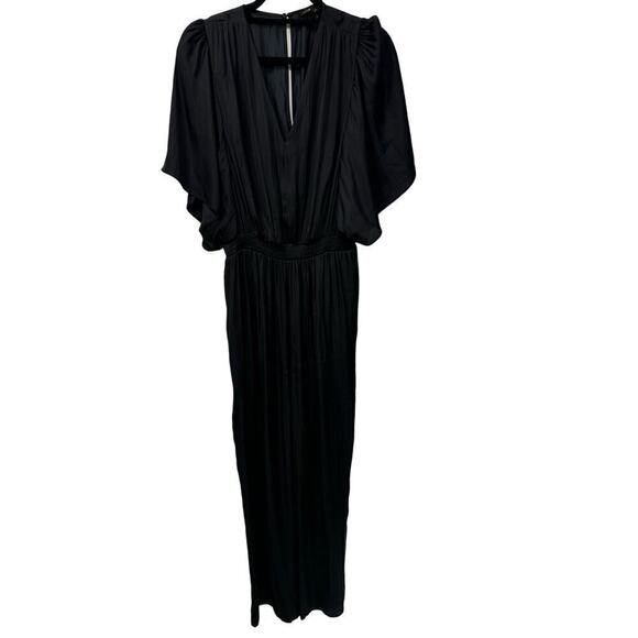 Maje $345 Black Satin Pant Jumpsuit Elastic Waist Size 42/ XL Flutter Sleeves - Picture 3 of 11
